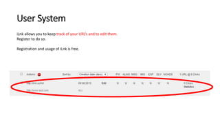 User System
iLnk allows you to keep track of your URL‘s and to edit them.
Register to do so.
Registration and usage of iLnk is free.
 