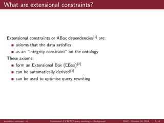 What are extensional constraints? 
Extensional constraints or ABox dependencies [1] are: 
axioms that the data satis 
