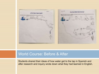 Students shared their ideas of how water get to the tap in Spanish and
after research and inquiry wrote down what they had learned in English.
World Course: Before & After
 