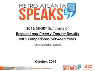 2016 SHORT Summary of
Regional and County Topline Results
with Comparisons between Years
where applicable/ available
October, 2016
 