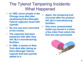 The Tylenol Tampering Incidents:
What Happened
• In 1982, seven people in the
Chicago area died after
swallowing Extra-Strength
Tylenol capsules laced with
cyanide.
• No one was ever convicted
of the crimes.
• The capsules had been
tampered with after they
left J&J’s manufacturing
facilities.
• In 1986, a woman in New
York died after taking an
Extra-Strength Tylenol
capsule that had cyanide
added to it.
• Again, the tampering had
occurred after the product
left J&J’s manufacturing
facilities.
• One more contaminated
bottle was found in a store
a few miles from where the
first one was purchased.
10
 