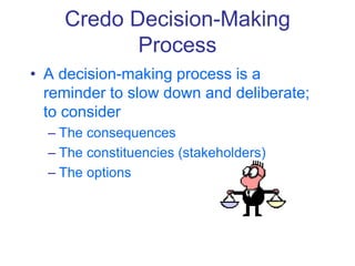 Credo Decision-Making
Process
• A decision-making process is a
reminder to slow down and deliberate;
to consider
– The consequences
– The constituencies (stakeholders)
– The options
 