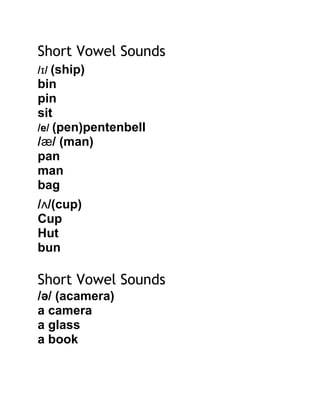 Short Vowel Sounds
/ɪ/ (ship)
bin
pin
sit
/e/ (pen)pentenbell
/æ/ (man)
pan
man
bag
/ʌ/(cup)
Cup
Hut
bun
Short Vowel Sounds
/ə/ (acamera)
a camera
a glass
a book
 
