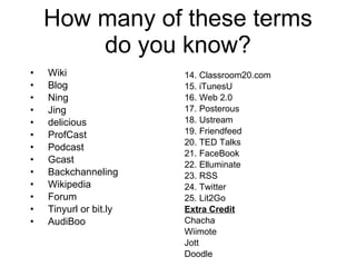 How many of these terms do you know? Wiki Blog Ning Jing delicious ProfCast Podcast Gcast Backchanneling Wikipedia Forum Tinyurl or bit.ly AudiBoo 14. Classroom20.com 15. iTunesU 16. Web 2.0 17. Posterous 18. Ustream 19. Friendfeed 20. TED Talks 21. FaceBook 22. Elluminate 23. RSS 24. Twitter 25. Lit2Go Extra Credit Chacha Wiimote Jott Doodle 