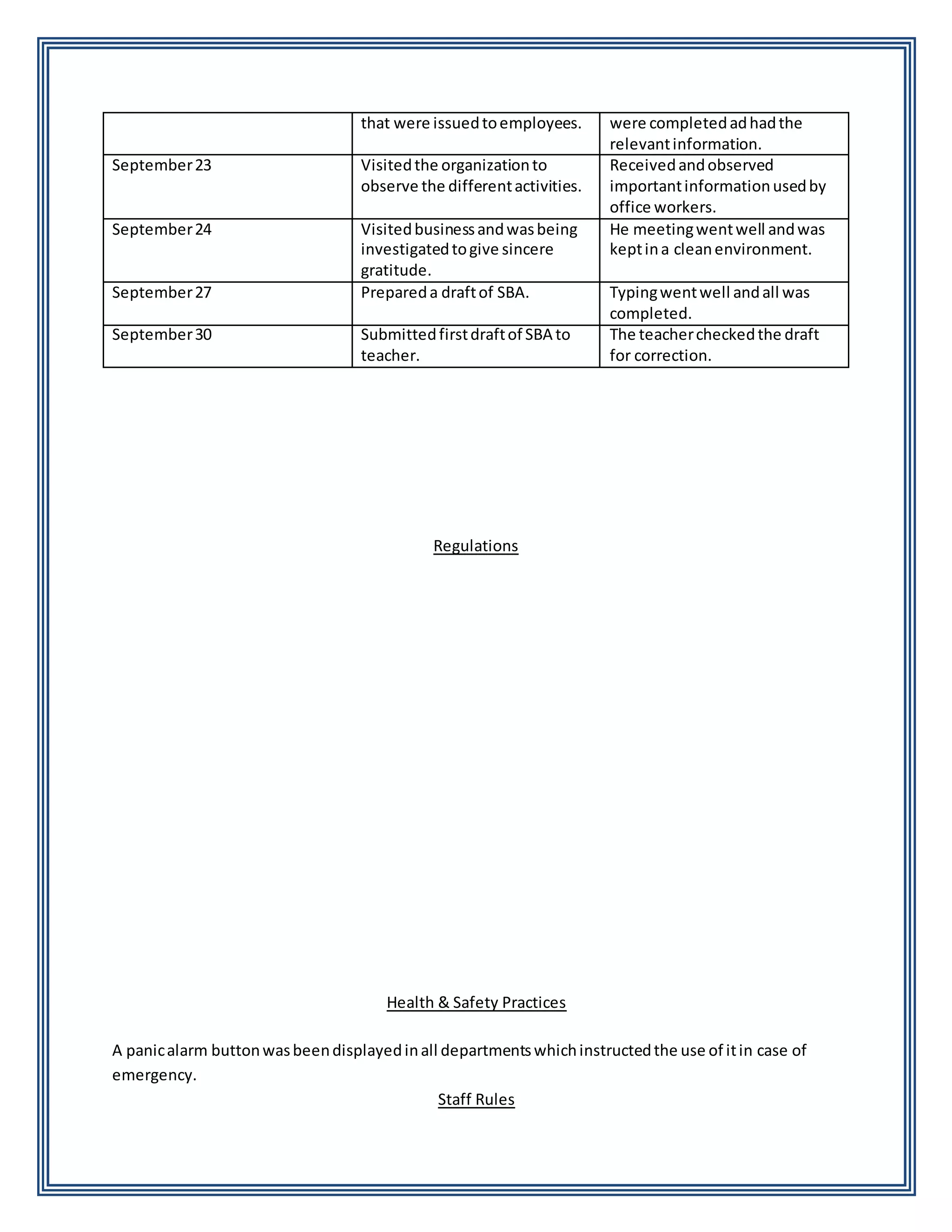 that were issuedtoemployees. were completedadhadthe
relevantinformation.
September23 Visitedthe organizationto
observe the differentactivities.
Receivedandobserved
importantinformationusedby
office workers.
September24 Visitedbusinessandwasbeing
investigatedtogive sincere
gratitude.
He meetingwentwell andwas
keptina cleanenvironment.
September27 Prepareda draftof SBA. Typingwentwell andall was
completed.
September30 Submittedfirstdraftof SBA to
teacher.
The teachercheckedthe draft
for correction.
Regulations
Health & Safety Practices
A panicalarm buttonwasbeendisplayedinall departmentswhichinstructedthe use of itin case of
emergency.
Staff Rules
 