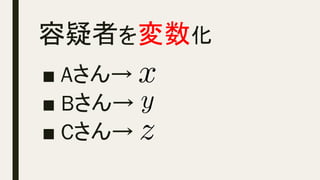 容疑者を変数化 	
■ Aさん→
■ Bさん→
■ Cさん→
x<latexit sha1_base64="T5eNG1t/rh/1LJqdf1tI18J36qA=">AAACZHichVHLSsNAFD2Nr1pf1SIIghRLxVW5EUFxJbpxaa19QC0liVMNpklI0qIWf0C3igtXCiLiZ7jxB1z0BwRxWcGNC2/TgKiod5iZM2fuuXNmRrUN3fWImiGpq7unty/cHxkYHBoeiY6O5Vyr5mgiq1mG5RRUxRWGboqsp3uGKNiOUKqqIfLq3mp7P18Xjqtb5qZ3YItSVdkx9YquKR5T6f1yNEEp8iP+E8gBSCCIdSt6gy1sw4KGGqoQMOExNqDA5VaEDILNXAkN5hxGur8vcIQIa2ucJThDYXaPxx1eFQPW5HW7puurNT7F4O6wMo4kPdItteiB7uiZ3n+t1fBrtL0c8Kx2tMIujxxPZN7+VVV59rD7qfrTs4cKFn2vOnu3faZ9C62jrx+etzJLG8nGDF3RC/u/pCbd8w3M+qt2nRYbF4jwB8jfn/snyM2lZErJ6fnE8krwFWFMYhqz/N4LWMYa1pHlcwVOcIqz0JM0KMWk8U6qFAo0MXwJaeoD9kyJ+A==</latexit><latexit sha1_base64="T5eNG1t/rh/1LJqdf1tI18J36qA=">AAACZHichVHLSsNAFD2Nr1pf1SIIghRLxVW5EUFxJbpxaa19QC0liVMNpklI0qIWf0C3igtXCiLiZ7jxB1z0BwRxWcGNC2/TgKiod5iZM2fuuXNmRrUN3fWImiGpq7unty/cHxkYHBoeiY6O5Vyr5mgiq1mG5RRUxRWGboqsp3uGKNiOUKqqIfLq3mp7P18Xjqtb5qZ3YItSVdkx9YquKR5T6f1yNEEp8iP+E8gBSCCIdSt6gy1sw4KGGqoQMOExNqDA5VaEDILNXAkN5hxGur8vcIQIa2ucJThDYXaPxx1eFQPW5HW7puurNT7F4O6wMo4kPdItteiB7uiZ3n+t1fBrtL0c8Kx2tMIujxxPZN7+VVV59rD7qfrTs4cKFn2vOnu3faZ9C62jrx+etzJLG8nGDF3RC/u/pCbd8w3M+qt2nRYbF4jwB8jfn/snyM2lZErJ6fnE8krwFWFMYhqz/N4LWMYa1pHlcwVOcIqz0JM0KMWk8U6qFAo0MXwJaeoD9kyJ+A==</latexit><latexit sha1_base64="T5eNG1t/rh/1LJqdf1tI18J36qA=">AAACZHichVHLSsNAFD2Nr1pf1SIIghRLxVW5EUFxJbpxaa19QC0liVMNpklI0qIWf0C3igtXCiLiZ7jxB1z0BwRxWcGNC2/TgKiod5iZM2fuuXNmRrUN3fWImiGpq7unty/cHxkYHBoeiY6O5Vyr5mgiq1mG5RRUxRWGboqsp3uGKNiOUKqqIfLq3mp7P18Xjqtb5qZ3YItSVdkx9YquKR5T6f1yNEEp8iP+E8gBSCCIdSt6gy1sw4KGGqoQMOExNqDA5VaEDILNXAkN5hxGur8vcIQIa2ucJThDYXaPxx1eFQPW5HW7puurNT7F4O6wMo4kPdItteiB7uiZ3n+t1fBrtL0c8Kx2tMIujxxPZN7+VVV59rD7qfrTs4cKFn2vOnu3faZ9C62jrx+etzJLG8nGDF3RC/u/pCbd8w3M+qt2nRYbF4jwB8jfn/snyM2lZErJ6fnE8krwFWFMYhqz/N4LWMYa1pHlcwVOcIqz0JM0KMWk8U6qFAo0MXwJaeoD9kyJ+A==</latexit><latexit sha1_base64="T5eNG1t/rh/1LJqdf1tI18J36qA=">AAACZHichVHLSsNAFD2Nr1pf1SIIghRLxVW5EUFxJbpxaa19QC0liVMNpklI0qIWf0C3igtXCiLiZ7jxB1z0BwRxWcGNC2/TgKiod5iZM2fuuXNmRrUN3fWImiGpq7unty/cHxkYHBoeiY6O5Vyr5mgiq1mG5RRUxRWGboqsp3uGKNiOUKqqIfLq3mp7P18Xjqtb5qZ3YItSVdkx9YquKR5T6f1yNEEp8iP+E8gBSCCIdSt6gy1sw4KGGqoQMOExNqDA5VaEDILNXAkN5hxGur8vcIQIa2ucJThDYXaPxx1eFQPW5HW7puurNT7F4O6wMo4kPdItteiB7uiZ3n+t1fBrtL0c8Kx2tMIujxxPZN7+VVV59rD7qfrTs4cKFn2vOnu3faZ9C62jrx+etzJLG8nGDF3RC/u/pCbd8w3M+qt2nRYbF4jwB8jfn/snyM2lZErJ6fnE8krwFWFMYhqz/N4LWMYa1pHlcwVOcIqz0JM0KMWk8U6qFAo0MXwJaeoD9kyJ+A==</latexit>
y<latexit sha1_base64="AuLdew5jpKTPI6dy3LbA+v6AZWo=">AAACZHichVHLSsNAFD2Nr1ofrRZBEEQsFVflRgTFVdGNyz5sFaqUJI4amiYhSQu1+AO6VVy4UhARP8ONP+CiPyCISwU3LrxNA6JFvcPMnDlzz50zM6pt6K5H1ApJPb19/QPhwcjQ8MhoNDY2XnStmqOJgmYZlrOlKq4wdFMUPN0zxJbtCKWqGmJTray19zfrwnF1y9zwGrbYqSr7pr6na4rHVLZRjiUoRX7MdAM5AAkEkbFiN9jGLixoqKEKARMeYwMKXG4lyCDYzO2gyZzDSPf3BY4QYW2NswRnKMxWeNznVSlgTV63a7q+WuNTDO4OK2eQpEe6pVd6oDt6po9fazX9Gm0vDZ7VjlbY5ejxZP79X1WVZw8HX6o/PXvYw7LvVWfvts+0b6F19PXD89f8Si7ZnKMremH/l9Sie76BWX/TrrMid4EIf4D887m7QXEhJVNKzi4m0qvBV4QxhVnM83svIY11ZFDgcwVOcIqz0JM0LMWliU6qFAo0cXwLafoT+EyJ+Q==</latexit><latexit sha1_base64="AuLdew5jpKTPI6dy3LbA+v6AZWo=">AAACZHichVHLSsNAFD2Nr1ofrRZBEEQsFVflRgTFVdGNyz5sFaqUJI4amiYhSQu1+AO6VVy4UhARP8ONP+CiPyCISwU3LrxNA6JFvcPMnDlzz50zM6pt6K5H1ApJPb19/QPhwcjQ8MhoNDY2XnStmqOJgmYZlrOlKq4wdFMUPN0zxJbtCKWqGmJTray19zfrwnF1y9zwGrbYqSr7pr6na4rHVLZRjiUoRX7MdAM5AAkEkbFiN9jGLixoqKEKARMeYwMKXG4lyCDYzO2gyZzDSPf3BY4QYW2NswRnKMxWeNznVSlgTV63a7q+WuNTDO4OK2eQpEe6pVd6oDt6po9fazX9Gm0vDZ7VjlbY5ejxZP79X1WVZw8HX6o/PXvYw7LvVWfvts+0b6F19PXD89f8Si7ZnKMremH/l9Sie76BWX/TrrMid4EIf4D887m7QXEhJVNKzi4m0qvBV4QxhVnM83svIY11ZFDgcwVOcIqz0JM0LMWliU6qFAo0cXwLafoT+EyJ+Q==</latexit><latexit sha1_base64="AuLdew5jpKTPI6dy3LbA+v6AZWo=">AAACZHichVHLSsNAFD2Nr1ofrRZBEEQsFVflRgTFVdGNyz5sFaqUJI4amiYhSQu1+AO6VVy4UhARP8ONP+CiPyCISwU3LrxNA6JFvcPMnDlzz50zM6pt6K5H1ApJPb19/QPhwcjQ8MhoNDY2XnStmqOJgmYZlrOlKq4wdFMUPN0zxJbtCKWqGmJTray19zfrwnF1y9zwGrbYqSr7pr6na4rHVLZRjiUoRX7MdAM5AAkEkbFiN9jGLixoqKEKARMeYwMKXG4lyCDYzO2gyZzDSPf3BY4QYW2NswRnKMxWeNznVSlgTV63a7q+WuNTDO4OK2eQpEe6pVd6oDt6po9fazX9Gm0vDZ7VjlbY5ejxZP79X1WVZw8HX6o/PXvYw7LvVWfvts+0b6F19PXD89f8Si7ZnKMremH/l9Sie76BWX/TrrMid4EIf4D887m7QXEhJVNKzi4m0qvBV4QxhVnM83svIY11ZFDgcwVOcIqz0JM0LMWliU6qFAo0cXwLafoT+EyJ+Q==</latexit><latexit sha1_base64="AuLdew5jpKTPI6dy3LbA+v6AZWo=">AAACZHichVHLSsNAFD2Nr1ofrRZBEEQsFVflRgTFVdGNyz5sFaqUJI4amiYhSQu1+AO6VVy4UhARP8ONP+CiPyCISwU3LrxNA6JFvcPMnDlzz50zM6pt6K5H1ApJPb19/QPhwcjQ8MhoNDY2XnStmqOJgmYZlrOlKq4wdFMUPN0zxJbtCKWqGmJTray19zfrwnF1y9zwGrbYqSr7pr6na4rHVLZRjiUoRX7MdAM5AAkEkbFiN9jGLixoqKEKARMeYwMKXG4lyCDYzO2gyZzDSPf3BY4QYW2NswRnKMxWeNznVSlgTV63a7q+WuNTDO4OK2eQpEe6pVd6oDt6po9fazX9Gm0vDZ7VjlbY5ejxZP79X1WVZw8HX6o/PXvYw7LvVWfvts+0b6F19PXD89f8Si7ZnKMremH/l9Sie76BWX/TrrMid4EIf4D887m7QXEhJVNKzi4m0qvBV4QxhVnM83svIY11ZFDgcwVOcIqz0JM0LMWliU6qFAo0cXwLafoT+EyJ+Q==</latexit>
z<latexit sha1_base64="9fic6A8G+DmZBGiKEjiO1nNUJwk=">AAACZHichVHLSsNAFD2Nr1qrrRZBEKRYFFflRgTFlejGpbX2AVVKEkcNTZOQpIVa/AHdKi5cKYiIn+HGH3DRHxDEZQU3LrxNA6Ki3mFmzpy5586ZGdU2dNcjaoWknt6+/oHwYGQoOjwSi4+O5V2r5mgip1mG5RRVxRWGboqcp3uGKNqOUKqqIQpqZa2zX6gLx9Utc8tr2GKnquyb+p6uKR5TmcNyPEVp8iP5E8gBSCGIDSt+g23swoKGGqoQMOExNqDA5VaCDILN3A6azDmMdH9f4AgR1tY4S3CGwmyFx31elQLW5HWnpuurNT7F4O6wMokZeqRbatMD3dEzvf9aq+nX6Hhp8Kx2tcIux44nsm//qqo8ezj4VP3p2cMelnyvOnu3faZzC62rrx+et7PLmzPNWbqiF/Z/SS265xuY9VftOiM2LxDhD5C/P/dPkJ9Py5SWMwupldXgK8KYxDTm+L0XsYJ1bCDH5wqc4BRnoScpKiWk8W6qFAo0CXwJaeoD+kyJ+g==</latexit><latexit sha1_base64="9fic6A8G+DmZBGiKEjiO1nNUJwk=">AAACZHichVHLSsNAFD2Nr1qrrRZBEKRYFFflRgTFlejGpbX2AVVKEkcNTZOQpIVa/AHdKi5cKYiIn+HGH3DRHxDEZQU3LrxNA6Ki3mFmzpy5586ZGdU2dNcjaoWknt6+/oHwYGQoOjwSi4+O5V2r5mgip1mG5RRVxRWGboqcp3uGKNqOUKqqIQpqZa2zX6gLx9Utc8tr2GKnquyb+p6uKR5TmcNyPEVp8iP5E8gBSCGIDSt+g23swoKGGqoQMOExNqDA5VaCDILN3A6azDmMdH9f4AgR1tY4S3CGwmyFx31elQLW5HWnpuurNT7F4O6wMokZeqRbatMD3dEzvf9aq+nX6Hhp8Kx2tcIux44nsm//qqo8ezj4VP3p2cMelnyvOnu3faZzC62rrx+et7PLmzPNWbqiF/Z/SS265xuY9VftOiM2LxDhD5C/P/dPkJ9Py5SWMwupldXgK8KYxDTm+L0XsYJ1bCDH5wqc4BRnoScpKiWk8W6qFAo0CXwJaeoD+kyJ+g==</latexit><latexit sha1_base64="9fic6A8G+DmZBGiKEjiO1nNUJwk=">AAACZHichVHLSsNAFD2Nr1qrrRZBEKRYFFflRgTFlejGpbX2AVVKEkcNTZOQpIVa/AHdKi5cKYiIn+HGH3DRHxDEZQU3LrxNA6Ki3mFmzpy5586ZGdU2dNcjaoWknt6+/oHwYGQoOjwSi4+O5V2r5mgip1mG5RRVxRWGboqcp3uGKNqOUKqqIQpqZa2zX6gLx9Utc8tr2GKnquyb+p6uKR5TmcNyPEVp8iP5E8gBSCGIDSt+g23swoKGGqoQMOExNqDA5VaCDILN3A6azDmMdH9f4AgR1tY4S3CGwmyFx31elQLW5HWnpuurNT7F4O6wMokZeqRbatMD3dEzvf9aq+nX6Hhp8Kx2tcIux44nsm//qqo8ezj4VP3p2cMelnyvOnu3faZzC62rrx+et7PLmzPNWbqiF/Z/SS265xuY9VftOiM2LxDhD5C/P/dPkJ9Py5SWMwupldXgK8KYxDTm+L0XsYJ1bCDH5wqc4BRnoScpKiWk8W6qFAo0CXwJaeoD+kyJ+g==</latexit><latexit sha1_base64="9fic6A8G+DmZBGiKEjiO1nNUJwk=">AAACZHichVHLSsNAFD2Nr1qrrRZBEKRYFFflRgTFlejGpbX2AVVKEkcNTZOQpIVa/AHdKi5cKYiIn+HGH3DRHxDEZQU3LrxNA6Ki3mFmzpy5586ZGdU2dNcjaoWknt6+/oHwYGQoOjwSi4+O5V2r5mgip1mG5RRVxRWGboqcp3uGKNqOUKqqIQpqZa2zX6gLx9Utc8tr2GKnquyb+p6uKR5TmcNyPEVp8iP5E8gBSCGIDSt+g23swoKGGqoQMOExNqDA5VaCDILN3A6azDmMdH9f4AgR1tY4S3CGwmyFx31elQLW5HWnpuurNT7F4O6wMokZeqRbatMD3dEzvf9aq+nX6Hhp8Kx2tcIux44nsm//qqo8ezj4VP3p2cMelnyvOnu3faZzC62rrx+et7PLmzPNWbqiF/Z/SS265xuY9VftOiM2LxDhD5C/P/dPkJ9Py5SWMwupldXgK8KYxDTm+L0XsYJ1bCDH5wqc4BRnoScpKiWk8W6qFAo0CXwJaeoD+kyJ+g==</latexit>
 