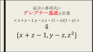 証言の多項式の
グレブナー基底を計算	
< 𝑥+ 𝑦−1, 𝑦− 𝑧, 𝑧−(1− 𝑥)(1− 𝑦)>	
⇓
{ 𝑥+ 𝑧−1, 𝑦− 𝑧,​ 𝑧↑2 }	
 