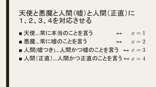 天使と悪魔と人間（嘘）と人間（正直）に
１、２、３、４を対応させる	
■ 天使…常に本当のことを言う ↔︎
■ 悪魔…常に嘘のことを言う ↔︎
■ 人間(嘘つき)…人間かつ嘘のことを言う ↔︎
■ 人間（正直）…人間かつ正直のことを言う ↔
	
x = 1<latexit sha1_base64="AQNQvNoNCzvfHC31qxVkEcwuDHE=">AAACZnichVHLSsNAFD2Nr1q1VkUU3BRLxVW5EUERhKIbl33YKqhIEscaTJOQpMVa/AHBrV24UhARP8ONP+Cif6C4rODGhbdpQFTUO8zMmTP33Dkzo9qG7npEzZDU1d3T2xfujwwMDkWHYyOjRdeqOJooaJZhOZuq4gpDN0XB0z1DbNqOUMqqITbUw9X2/kZVOK5umetezRY7ZaVk6vu6pnhM5Y+W5d1YglLkR/wnkAOQQBAZK3aDbezBgoYKyhAw4TE2oMDltgUZBJu5HdSZcxjp/r7ACSKsrXCW4AyF2UMeS7zaCliT1+2arq/W+BSDu8PKOJL0SLfUoge6o2d6/7VW3a/R9lLjWe1ohb07fDqZf/tXVebZw8Gn6k/PHvax6HvV2bvtM+1baB199bjRyi/lkvUZuqIX9n9JTbrnG5jVV+06K3IXiPAHyN+f+ycozqVkSsnZ+UR6JfiKMKYwjVl+7wWksYYMCnxuCWc4RyP0JEWlcWmikyqFAs0YvoQU/wAeWYp6</latexit><latexit sha1_base64="AQNQvNoNCzvfHC31qxVkEcwuDHE=">AAACZnichVHLSsNAFD2Nr1q1VkUU3BRLxVW5EUERhKIbl33YKqhIEscaTJOQpMVa/AHBrV24UhARP8ONP+Cif6C4rODGhbdpQFTUO8zMmTP33Dkzo9qG7npEzZDU1d3T2xfujwwMDkWHYyOjRdeqOJooaJZhOZuq4gpDN0XB0z1DbNqOUMqqITbUw9X2/kZVOK5umetezRY7ZaVk6vu6pnhM5Y+W5d1YglLkR/wnkAOQQBAZK3aDbezBgoYKyhAw4TE2oMDltgUZBJu5HdSZcxjp/r7ACSKsrXCW4AyF2UMeS7zaCliT1+2arq/W+BSDu8PKOJL0SLfUoge6o2d6/7VW3a/R9lLjWe1ohb07fDqZf/tXVebZw8Gn6k/PHvax6HvV2bvtM+1baB199bjRyi/lkvUZuqIX9n9JTbrnG5jVV+06K3IXiPAHyN+f+ycozqVkSsnZ+UR6JfiKMKYwjVl+7wWksYYMCnxuCWc4RyP0JEWlcWmikyqFAs0YvoQU/wAeWYp6</latexit><latexit sha1_base64="AQNQvNoNCzvfHC31qxVkEcwuDHE=">AAACZnichVHLSsNAFD2Nr1q1VkUU3BRLxVW5EUERhKIbl33YKqhIEscaTJOQpMVa/AHBrV24UhARP8ONP+Cif6C4rODGhbdpQFTUO8zMmTP33Dkzo9qG7npEzZDU1d3T2xfujwwMDkWHYyOjRdeqOJooaJZhOZuq4gpDN0XB0z1DbNqOUMqqITbUw9X2/kZVOK5umetezRY7ZaVk6vu6pnhM5Y+W5d1YglLkR/wnkAOQQBAZK3aDbezBgoYKyhAw4TE2oMDltgUZBJu5HdSZcxjp/r7ACSKsrXCW4AyF2UMeS7zaCliT1+2arq/W+BSDu8PKOJL0SLfUoge6o2d6/7VW3a/R9lLjWe1ohb07fDqZf/tXVebZw8Gn6k/PHvax6HvV2bvtM+1baB199bjRyi/lkvUZuqIX9n9JTbrnG5jVV+06K3IXiPAHyN+f+ycozqVkSsnZ+UR6JfiKMKYwjVl+7wWksYYMCnxuCWc4RyP0JEWlcWmikyqFAs0YvoQU/wAeWYp6</latexit><latexit sha1_base64="AQNQvNoNCzvfHC31qxVkEcwuDHE=">AAACZnichVHLSsNAFD2Nr1q1VkUU3BRLxVW5EUERhKIbl33YKqhIEscaTJOQpMVa/AHBrV24UhARP8ONP+Cif6C4rODGhbdpQFTUO8zMmTP33Dkzo9qG7npEzZDU1d3T2xfujwwMDkWHYyOjRdeqOJooaJZhOZuq4gpDN0XB0z1DbNqOUMqqITbUw9X2/kZVOK5umetezRY7ZaVk6vu6pnhM5Y+W5d1YglLkR/wnkAOQQBAZK3aDbezBgoYKyhAw4TE2oMDltgUZBJu5HdSZcxjp/r7ACSKsrXCW4AyF2UMeS7zaCliT1+2arq/W+BSDu8PKOJL0SLfUoge6o2d6/7VW3a/R9lLjWe1ohb07fDqZf/tXVebZw8Gn6k/PHvax6HvV2bvtM+1baB199bjRyi/lkvUZuqIX9n9JTbrnG5jVV+06K3IXiPAHyN+f+ycozqVkSsnZ+UR6JfiKMKYwjVl+7wWksYYMCnxuCWc4RyP0JEWlcWmikyqFAs0YvoQU/wAeWYp6</latexit>
x = 2<latexit sha1_base64="p8oeuT/bC7h9Q5yqklppmMQTmWQ=">AAACZnichVHLSsNAFD2N7/qqiii4KZaKq3IjgiIIohuXaq0WailJHGswTUIyLWrxBwS3unClICJ+hht/wEX/QHFZwY0Lb9OAaFHvMDNnztxz58yM7lqmL4lqEaWtvaOzq7sn2tvXPzAYGxre8p2yZ4iM4ViOl9U1X1imLTLSlJbIup7QSroltvWDlcb+dkV4vunYm/LIFfmSVrTNPdPQJFPpw8WZQixBKQoi3grUECQQxpoTu8UOduHAQBklCNiQjC1o8LnloILgMpdHlTmPkRnsC5wgytoyZwnO0Jg94LHIq1zI2rxu1PQDtcGnWNw9VsaRpCe6ozo90j290MevtapBjYaXI571pla4hcHT8fT7v6oSzxL7X6o/PUvsYT7warJ3N2AatzCa+srxRT29sJGsTtE1vbL/K6rRA9/ArrwZN+ti4xJR/gD153O3gq2ZlEopdX02sbQcfkU3JjCJaX7vOSxhFWvI8LlFnOEcF5FnZUAZVcaaqUok1IzgWyjxTyBZins=</latexit><latexit sha1_base64="p8oeuT/bC7h9Q5yqklppmMQTmWQ=">AAACZnichVHLSsNAFD2N7/qqiii4KZaKq3IjgiIIohuXaq0WailJHGswTUIyLWrxBwS3unClICJ+hht/wEX/QHFZwY0Lb9OAaFHvMDNnztxz58yM7lqmL4lqEaWtvaOzq7sn2tvXPzAYGxre8p2yZ4iM4ViOl9U1X1imLTLSlJbIup7QSroltvWDlcb+dkV4vunYm/LIFfmSVrTNPdPQJFPpw8WZQixBKQoi3grUECQQxpoTu8UOduHAQBklCNiQjC1o8LnloILgMpdHlTmPkRnsC5wgytoyZwnO0Jg94LHIq1zI2rxu1PQDtcGnWNw9VsaRpCe6ozo90j290MevtapBjYaXI571pla4hcHT8fT7v6oSzxL7X6o/PUvsYT7warJ3N2AatzCa+srxRT29sJGsTtE1vbL/K6rRA9/ArrwZN+ti4xJR/gD153O3gq2ZlEopdX02sbQcfkU3JjCJaX7vOSxhFWvI8LlFnOEcF5FnZUAZVcaaqUok1IzgWyjxTyBZins=</latexit><latexit sha1_base64="p8oeuT/bC7h9Q5yqklppmMQTmWQ=">AAACZnichVHLSsNAFD2N7/qqiii4KZaKq3IjgiIIohuXaq0WailJHGswTUIyLWrxBwS3unClICJ+hht/wEX/QHFZwY0Lb9OAaFHvMDNnztxz58yM7lqmL4lqEaWtvaOzq7sn2tvXPzAYGxre8p2yZ4iM4ViOl9U1X1imLTLSlJbIup7QSroltvWDlcb+dkV4vunYm/LIFfmSVrTNPdPQJFPpw8WZQixBKQoi3grUECQQxpoTu8UOduHAQBklCNiQjC1o8LnloILgMpdHlTmPkRnsC5wgytoyZwnO0Jg94LHIq1zI2rxu1PQDtcGnWNw9VsaRpCe6ozo90j290MevtapBjYaXI571pla4hcHT8fT7v6oSzxL7X6o/PUvsYT7warJ3N2AatzCa+srxRT29sJGsTtE1vbL/K6rRA9/ArrwZN+ti4xJR/gD153O3gq2ZlEopdX02sbQcfkU3JjCJaX7vOSxhFWvI8LlFnOEcF5FnZUAZVcaaqUok1IzgWyjxTyBZins=</latexit><latexit sha1_base64="p8oeuT/bC7h9Q5yqklppmMQTmWQ=">AAACZnichVHLSsNAFD2N7/qqiii4KZaKq3IjgiIIohuXaq0WailJHGswTUIyLWrxBwS3unClICJ+hht/wEX/QHFZwY0Lb9OAaFHvMDNnztxz58yM7lqmL4lqEaWtvaOzq7sn2tvXPzAYGxre8p2yZ4iM4ViOl9U1X1imLTLSlJbIup7QSroltvWDlcb+dkV4vunYm/LIFfmSVrTNPdPQJFPpw8WZQixBKQoi3grUECQQxpoTu8UOduHAQBklCNiQjC1o8LnloILgMpdHlTmPkRnsC5wgytoyZwnO0Jg94LHIq1zI2rxu1PQDtcGnWNw9VsaRpCe6ozo90j290MevtapBjYaXI571pla4hcHT8fT7v6oSzxL7X6o/PUvsYT7warJ3N2AatzCa+srxRT29sJGsTtE1vbL/K6rRA9/ArrwZN+ti4xJR/gD153O3gq2ZlEopdX02sbQcfkU3JjCJaX7vOSxhFWvI8LlFnOEcF5FnZUAZVcaaqUok1IzgWyjxTyBZins=</latexit>
x = 3<latexit sha1_base64="fhGF+QA/6TNDQIuOKrh209Q3sgU=">AAACZnichVHLSsNAFD2N76ptVUTBTbEorsqNCoogFN24VGtbQUtJ4rQG0yQkabEWf0BwqwtXCiLiZ7jxB1z4B4pLBTcuvEkDoqLeYWbOnLnnzpkZ1TZ01yN6iEht7R2dXd090d6+/lg8MTCYd62ao4mcZhmWs6kqrjB0U+Q83TPEpu0IpaoaoqDuLfv7hbpwXN0yN7yGLYpVpWLqZV1TPKay+4szpUSK0hRE8ieQQ5BCGKtW4grb2IEFDTVUIWDCY2xAgcttCzIINnNFNJlzGOnBvsAhoqytcZbgDIXZPR4rvNoKWZPXfk03UGt8isHdYWUSE3RP1/RCd3RDT/T+a61mUMP30uBZbWmFXYofjWbf/lVVefaw+6n607OHMuYDrzp7twPGv4XW0tcPTl+yC+sTzUm6oGf2f04PdMs3MOuv2uWaWD9DlD9A/v7cP0F+Oi1TWl6bTWWWwq/oxhjGMcXvPYcMVrCKHJ9bwTFOcBp5lGLSsDTSSpUioWYIX0JKfgAiWYp8</latexit><latexit sha1_base64="fhGF+QA/6TNDQIuOKrh209Q3sgU=">AAACZnichVHLSsNAFD2N76ptVUTBTbEorsqNCoogFN24VGtbQUtJ4rQG0yQkabEWf0BwqwtXCiLiZ7jxB1z4B4pLBTcuvEkDoqLeYWbOnLnnzpkZ1TZ01yN6iEht7R2dXd090d6+/lg8MTCYd62ao4mcZhmWs6kqrjB0U+Q83TPEpu0IpaoaoqDuLfv7hbpwXN0yN7yGLYpVpWLqZV1TPKay+4szpUSK0hRE8ieQQ5BCGKtW4grb2IEFDTVUIWDCY2xAgcttCzIINnNFNJlzGOnBvsAhoqytcZbgDIXZPR4rvNoKWZPXfk03UGt8isHdYWUSE3RP1/RCd3RDT/T+a61mUMP30uBZbWmFXYofjWbf/lVVefaw+6n607OHMuYDrzp7twPGv4XW0tcPTl+yC+sTzUm6oGf2f04PdMs3MOuv2uWaWD9DlD9A/v7cP0F+Oi1TWl6bTWWWwq/oxhjGMcXvPYcMVrCKHJ9bwTFOcBp5lGLSsDTSSpUioWYIX0JKfgAiWYp8</latexit><latexit sha1_base64="fhGF+QA/6TNDQIuOKrh209Q3sgU=">AAACZnichVHLSsNAFD2N76ptVUTBTbEorsqNCoogFN24VGtbQUtJ4rQG0yQkabEWf0BwqwtXCiLiZ7jxB1z4B4pLBTcuvEkDoqLeYWbOnLnnzpkZ1TZ01yN6iEht7R2dXd090d6+/lg8MTCYd62ao4mcZhmWs6kqrjB0U+Q83TPEpu0IpaoaoqDuLfv7hbpwXN0yN7yGLYpVpWLqZV1TPKay+4szpUSK0hRE8ieQQ5BCGKtW4grb2IEFDTVUIWDCY2xAgcttCzIINnNFNJlzGOnBvsAhoqytcZbgDIXZPR4rvNoKWZPXfk03UGt8isHdYWUSE3RP1/RCd3RDT/T+a61mUMP30uBZbWmFXYofjWbf/lVVefaw+6n607OHMuYDrzp7twPGv4XW0tcPTl+yC+sTzUm6oGf2f04PdMs3MOuv2uWaWD9DlD9A/v7cP0F+Oi1TWl6bTWWWwq/oxhjGMcXvPYcMVrCKHJ9bwTFOcBp5lGLSsDTSSpUioWYIX0JKfgAiWYp8</latexit><latexit sha1_base64="fhGF+QA/6TNDQIuOKrh209Q3sgU=">AAACZnichVHLSsNAFD2N76ptVUTBTbEorsqNCoogFN24VGtbQUtJ4rQG0yQkabEWf0BwqwtXCiLiZ7jxB1z4B4pLBTcuvEkDoqLeYWbOnLnnzpkZ1TZ01yN6iEht7R2dXd090d6+/lg8MTCYd62ao4mcZhmWs6kqrjB0U+Q83TPEpu0IpaoaoqDuLfv7hbpwXN0yN7yGLYpVpWLqZV1TPKay+4szpUSK0hRE8ieQQ5BCGKtW4grb2IEFDTVUIWDCY2xAgcttCzIINnNFNJlzGOnBvsAhoqytcZbgDIXZPR4rvNoKWZPXfk03UGt8isHdYWUSE3RP1/RCd3RDT/T+a61mUMP30uBZbWmFXYofjWbf/lVVefaw+6n607OHMuYDrzp7twPGv4XW0tcPTl+yC+sTzUm6oGf2f04PdMs3MOuv2uWaWD9DlD9A/v7cP0F+Oi1TWl6bTWWWwq/oxhjGMcXvPYcMVrCKHJ9bwTFOcBp5lGLSsDTSSpUioWYIX0JKfgAiWYp8</latexit>
x = 4<latexit sha1_base64="TV1soH+kGNhPljlN4QXAhv3/Ei0=">AAACZnichVHLSsNAFD2N7/poVUTBTbEorsqNFBRBEN24tK19QBVJ4lhD0yQkabEWf0BwqwtXCiLiZ7jxB1z0DxSXFdy48DYNiIp6h5k5c+aeO2dmVNvQXY+oGZK6unt6+/oHwoNDwyOR6OhYzrWqjiaymmVYTkFVXGHopsh6umeIgu0IpaIaIq+W19v7+ZpwXN0yt7y6LXYqSsnU93VN8ZjKHK4kd6NxSpAfsZ9ADkAcQWxa0RtsYw8WNFRRgYAJj7EBBS63ImQQbOZ20GDOYaT7+wLHCLO2ylmCMxRmyzyWeFUMWJPX7Zqur9b4FIO7w8oYZumRbqlFD3RHz/T+a62GX6Ptpc6z2tEKezdyMpV5+1dV4dnDwafqT88e9rHke9XZu+0z7VtoHX3t6LyVWU7PNuboil7Y/yU16Z5vYNZeteuUSF8gzB8gf3/unyC3kJApIaeS8dW14Cv6MY0ZzPN7L2IVG9hEls8t4RRnOA89SSPShDTZSZVCgWYcX0KKfQAkWYp9</latexit><latexit sha1_base64="TV1soH+kGNhPljlN4QXAhv3/Ei0=">AAACZnichVHLSsNAFD2N7/poVUTBTbEorsqNFBRBEN24tK19QBVJ4lhD0yQkabEWf0BwqwtXCiLiZ7jxB1z0DxSXFdy48DYNiIp6h5k5c+aeO2dmVNvQXY+oGZK6unt6+/oHwoNDwyOR6OhYzrWqjiaymmVYTkFVXGHopsh6umeIgu0IpaIaIq+W19v7+ZpwXN0yt7y6LXYqSsnU93VN8ZjKHK4kd6NxSpAfsZ9ADkAcQWxa0RtsYw8WNFRRgYAJj7EBBS63ImQQbOZ20GDOYaT7+wLHCLO2ylmCMxRmyzyWeFUMWJPX7Zqur9b4FIO7w8oYZumRbqlFD3RHz/T+a62GX6Ptpc6z2tEKezdyMpV5+1dV4dnDwafqT88e9rHke9XZu+0z7VtoHX3t6LyVWU7PNuboil7Y/yU16Z5vYNZeteuUSF8gzB8gf3/unyC3kJApIaeS8dW14Cv6MY0ZzPN7L2IVG9hEls8t4RRnOA89SSPShDTZSZVCgWYcX0KKfQAkWYp9</latexit><latexit sha1_base64="TV1soH+kGNhPljlN4QXAhv3/Ei0=">AAACZnichVHLSsNAFD2N7/poVUTBTbEorsqNFBRBEN24tK19QBVJ4lhD0yQkabEWf0BwqwtXCiLiZ7jxB1z0DxSXFdy48DYNiIp6h5k5c+aeO2dmVNvQXY+oGZK6unt6+/oHwoNDwyOR6OhYzrWqjiaymmVYTkFVXGHopsh6umeIgu0IpaIaIq+W19v7+ZpwXN0yt7y6LXYqSsnU93VN8ZjKHK4kd6NxSpAfsZ9ADkAcQWxa0RtsYw8WNFRRgYAJj7EBBS63ImQQbOZ20GDOYaT7+wLHCLO2ylmCMxRmyzyWeFUMWJPX7Zqur9b4FIO7w8oYZumRbqlFD3RHz/T+a62GX6Ptpc6z2tEKezdyMpV5+1dV4dnDwafqT88e9rHke9XZu+0z7VtoHX3t6LyVWU7PNuboil7Y/yU16Z5vYNZeteuUSF8gzB8gf3/unyC3kJApIaeS8dW14Cv6MY0ZzPN7L2IVG9hEls8t4RRnOA89SSPShDTZSZVCgWYcX0KKfQAkWYp9</latexit><latexit sha1_base64="TV1soH+kGNhPljlN4QXAhv3/Ei0=">AAACZnichVHLSsNAFD2N7/poVUTBTbEorsqNFBRBEN24tK19QBVJ4lhD0yQkabEWf0BwqwtXCiLiZ7jxB1z0DxSXFdy48DYNiIp6h5k5c+aeO2dmVNvQXY+oGZK6unt6+/oHwoNDwyOR6OhYzrWqjiaymmVYTkFVXGHopsh6umeIgu0IpaIaIq+W19v7+ZpwXN0yt7y6LXYqSsnU93VN8ZjKHK4kd6NxSpAfsZ9ADkAcQWxa0RtsYw8WNFRRgYAJj7EBBS63ImQQbOZ20GDOYaT7+wLHCLO2ylmCMxRmyzyWeFUMWJPX7Zqur9b4FIO7w8oYZumRbqlFD3RHz/T+a62GX6Ptpc6z2tEKezdyMpV5+1dV4dnDwafqT88e9rHke9XZu+0z7VtoHX3t6LyVWU7PNuboil7Y/yU16Z5vYNZeteuUSF8gzB8gf3/unyC3kJApIaeS8dW14Cv6MY0ZzPN7L2IVG9hEls8t4RRnOA89SSPShDTZSZVCgWYcX0KKfQAkWYp9</latexit>
 