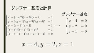 グレブナー基底と計算	
=)<latexit sha1_base64="xvD98gq5W0+MS1g1kgw00U9+N3k=">AAACdHichVHLLgRBFD3T3uMxg42EhZiMWE1ui4RYCRsLC69Bgky6WxmV6enuVNeMMPEDfsDCihARn2HjByx8glgSNhbu9HQiCG6nuk6duufWqbp24MpQEz0kjKbmlta29o5kZ1d3Tyrd27cW+hXliLzju77asK1QuNITeS21KzYCJayy7Yp1uzRX31+vChVK31vVB4HYLltFT+5Kx9JMFdKprQXfKypZ3NOWUv5+IZ2hHEUx/BOYMcggjkU/fYUt7MCHgwrKEPCgGbuwEPK3CROEgLlt1JhTjGS0L3CEJGsrnCU4w2K2xP8irzZj1uN1vWYYqR0+xeWhWDmMLN3TNT3THd3QI73/WqsW1ah7OeDZbmhFUEgdD6y8/asq86yx96n607PGLqYir5K9BxFTv4XT0FcPT55XppeztVE6pyf2f0YPdMs38KovzuWSWD5Fkhtgfn/un2BtPGdSzlyayMzMxq1oxyBGMMbvPYkZzGMR+agnp7jAZeLVGDIyRraRaiRiTT++hJH7AC2wkHI=</latexit><latexit sha1_base64="xvD98gq5W0+MS1g1kgw00U9+N3k=">AAACdHichVHLLgRBFD3T3uMxg42EhZiMWE1ui4RYCRsLC69Bgky6WxmV6enuVNeMMPEDfsDCihARn2HjByx8glgSNhbu9HQiCG6nuk6duufWqbp24MpQEz0kjKbmlta29o5kZ1d3Tyrd27cW+hXliLzju77asK1QuNITeS21KzYCJayy7Yp1uzRX31+vChVK31vVB4HYLltFT+5Kx9JMFdKprQXfKypZ3NOWUv5+IZ2hHEUx/BOYMcggjkU/fYUt7MCHgwrKEPCgGbuwEPK3CROEgLlt1JhTjGS0L3CEJGsrnCU4w2K2xP8irzZj1uN1vWYYqR0+xeWhWDmMLN3TNT3THd3QI73/WqsW1ah7OeDZbmhFUEgdD6y8/asq86yx96n607PGLqYir5K9BxFTv4XT0FcPT55XppeztVE6pyf2f0YPdMs38KovzuWSWD5Fkhtgfn/un2BtPGdSzlyayMzMxq1oxyBGMMbvPYkZzGMR+agnp7jAZeLVGDIyRraRaiRiTT++hJH7AC2wkHI=</latexit><latexit sha1_base64="xvD98gq5W0+MS1g1kgw00U9+N3k=">AAACdHichVHLLgRBFD3T3uMxg42EhZiMWE1ui4RYCRsLC69Bgky6WxmV6enuVNeMMPEDfsDCihARn2HjByx8glgSNhbu9HQiCG6nuk6duufWqbp24MpQEz0kjKbmlta29o5kZ1d3Tyrd27cW+hXliLzju77asK1QuNITeS21KzYCJayy7Yp1uzRX31+vChVK31vVB4HYLltFT+5Kx9JMFdKprQXfKypZ3NOWUv5+IZ2hHEUx/BOYMcggjkU/fYUt7MCHgwrKEPCgGbuwEPK3CROEgLlt1JhTjGS0L3CEJGsrnCU4w2K2xP8irzZj1uN1vWYYqR0+xeWhWDmMLN3TNT3THd3QI73/WqsW1ah7OeDZbmhFUEgdD6y8/asq86yx96n607PGLqYir5K9BxFTv4XT0FcPT55XppeztVE6pyf2f0YPdMs38KovzuWSWD5Fkhtgfn/un2BtPGdSzlyayMzMxq1oxyBGMMbvPYkZzGMR+agnp7jAZeLVGDIyRraRaiRiTT++hJH7AC2wkHI=</latexit><latexit sha1_base64="xvD98gq5W0+MS1g1kgw00U9+N3k=">AAACdHichVHLLgRBFD3T3uMxg42EhZiMWE1ui4RYCRsLC69Bgky6WxmV6enuVNeMMPEDfsDCihARn2HjByx8glgSNhbu9HQiCG6nuk6duufWqbp24MpQEz0kjKbmlta29o5kZ1d3Tyrd27cW+hXliLzju77asK1QuNITeS21KzYCJayy7Yp1uzRX31+vChVK31vVB4HYLltFT+5Kx9JMFdKprQXfKypZ3NOWUv5+IZ2hHEUx/BOYMcggjkU/fYUt7MCHgwrKEPCgGbuwEPK3CROEgLlt1JhTjGS0L3CEJGsrnCU4w2K2xP8irzZj1uN1vWYYqR0+xeWhWDmMLN3TNT3THd3QI73/WqsW1ah7OeDZbmhFUEgdD6y8/asq86yx96n607PGLqYir5K9BxFTv4XT0FcPT55XppeztVE6pyf2f0YPdMs38KovzuWSWD5Fkhtgfn/un2BtPGdSzlyayMzMxq1oxyBGMMbvPYkZzGMR+agnp7jAZeLVGDIyRraRaiRiTT++hJH7AC2wkHI=</latexit>
グレブナー基底	
8
><
>:
x 4 = 0
y 2 = 0
z 1 = 0<latexit sha1_base64="jDWlWeDV+tdAbMA1QB7yjmcb7Ag=">AAACnXicSyrIySwuMTC4ycjEzMLKxs7BycXNw8vHLyAoFFacX1qUnBqanJ+TXxSRlFicmpOZlxpaklmSkxpRUJSamJuUkxqelO0Mkg8vSy0qzszPCympLEiNzU1Mz8tMy0xOLAEKxQtYxCSlpmfmVScDzSiu5VJQqNA1UbM1iIkBMit1jWDMKl1DIJMrJjUvBao0XkDZQM8ADBQwGYZQhjIDFATkCyxniGFIYchnSGYoZchlSGXIYygBsnMYEhmKgTCawZDBgKEAKBbLUA0UKwKyMsHyqQy1DFxAvaVAValAFYlA0WwgmQ7kRUNF84B8kJnFYN3JQFtygLgIqFOBQdXgqsFKg88GJwxWG7w0+IPTrGqwGSC3VALpJIje1IJ4/i6J4O8EdeUC6RKGDIQuvG4uYUhjsAC7NRPo9gKwCMgXyRD9ZVXTPwdbBalWqxksMngNdP9Cg5sGh4E+yCv7krw0MDVoNgMXMAIM0YMbkxFmpGdooGcYaKLs4ASNCg4GaQYlBg1geJszODB4MAQwhALtncdwhOEswzkmeSZXJh8mP4hSJkaoHmEGFMAUDgCGb5t0</latexit><latexit sha1_base64="jDWlWeDV+tdAbMA1QB7yjmcb7Ag=">AAACnXicSyrIySwuMTC4ycjEzMLKxs7BycXNw8vHLyAoFFacX1qUnBqanJ+TXxSRlFicmpOZlxpaklmSkxpRUJSamJuUkxqelO0Mkg8vSy0qzszPCympLEiNzU1Mz8tMy0xOLAEKxQtYxCSlpmfmVScDzSiu5VJQqNA1UbM1iIkBMit1jWDMKl1DIJMrJjUvBao0XkDZQM8ADBQwGYZQhjIDFATkCyxniGFIYchnSGYoZchlSGXIYygBsnMYEhmKgTCawZDBgKEAKBbLUA0UKwKyMsHyqQy1DFxAvaVAValAFYlA0WwgmQ7kRUNF84B8kJnFYN3JQFtygLgIqFOBQdXgqsFKg88GJwxWG7w0+IPTrGqwGSC3VALpJIje1IJ4/i6J4O8EdeUC6RKGDIQuvG4uYUhjsAC7NRPo9gKwCMgXyRD9ZVXTPwdbBalWqxksMngNdP9Cg5sGh4E+yCv7krw0MDVoNgMXMAIM0YMbkxFmpGdooGcYaKLs4ASNCg4GaQYlBg1geJszODB4MAQwhALtncdwhOEswzkmeSZXJh8mP4hSJkaoHmEGFMAUDgCGb5t0</latexit><latexit sha1_base64="jDWlWeDV+tdAbMA1QB7yjmcb7Ag=">AAACnXicSyrIySwuMTC4ycjEzMLKxs7BycXNw8vHLyAoFFacX1qUnBqanJ+TXxSRlFicmpOZlxpaklmSkxpRUJSamJuUkxqelO0Mkg8vSy0qzszPCympLEiNzU1Mz8tMy0xOLAEKxQtYxCSlpmfmVScDzSiu5VJQqNA1UbM1iIkBMit1jWDMKl1DIJMrJjUvBao0XkDZQM8ADBQwGYZQhjIDFATkCyxniGFIYchnSGYoZchlSGXIYygBsnMYEhmKgTCawZDBgKEAKBbLUA0UKwKyMsHyqQy1DFxAvaVAValAFYlA0WwgmQ7kRUNF84B8kJnFYN3JQFtygLgIqFOBQdXgqsFKg88GJwxWG7w0+IPTrGqwGSC3VALpJIje1IJ4/i6J4O8EdeUC6RKGDIQuvG4uYUhjsAC7NRPo9gKwCMgXyRD9ZVXTPwdbBalWqxksMngNdP9Cg5sGh4E+yCv7krw0MDVoNgMXMAIM0YMbkxFmpGdooGcYaKLs4ASNCg4GaQYlBg1geJszODB4MAQwhALtncdwhOEswzkmeSZXJh8mP4hSJkaoHmEGFMAUDgCGb5t0</latexit><latexit sha1_base64="jDWlWeDV+tdAbMA1QB7yjmcb7Ag=">AAACnXicSyrIySwuMTC4ycjEzMLKxs7BycXNw8vHLyAoFFacX1qUnBqanJ+TXxSRlFicmpOZlxpaklmSkxpRUJSamJuUkxqelO0Mkg8vSy0qzszPCympLEiNzU1Mz8tMy0xOLAEKxQtYxCSlpmfmVScDzSiu5VJQqNA1UbM1iIkBMit1jWDMKl1DIJMrJjUvBao0XkDZQM8ADBQwGYZQhjIDFATkCyxniGFIYchnSGYoZchlSGXIYygBsnMYEhmKgTCawZDBgKEAKBbLUA0UKwKyMsHyqQy1DFxAvaVAValAFYlA0WwgmQ7kRUNF84B8kJnFYN3JQFtygLgIqFOBQdXgqsFKg88GJwxWG7w0+IPTrGqwGSC3VALpJIje1IJ4/i6J4O8EdeUC6RKGDIQuvG4uYUhjsAC7NRPo9gKwCMgXyRD9ZVXTPwdbBalWqxksMngNdP9Cg5sGh4E+yCv7krw0MDVoNgMXMAIM0YMbkxFmpGdooGcYaKLs4ASNCg4GaQYlBg1geJszODB4MAQwhALtncdwhOEswzkmeSZXJh8mP4hSJkaoHmEGFMAUDgCGb5t0</latexit>
x = 4, y = 2, z = 1<latexit sha1_base64="54gavNJGG6VL5rGrirzoW9ZJloY=">AAACbnichVHLSsNAFD2Nr1pfVUEEEcWiuJByI4IiFIpuXNZHtVBLSeJUg2kSkrTYFn/AvbgQFAUR8TPc+AMu/ARxIyi4ceFtGhAt6g2TOXPmnjtn7qi2obse0WNIamlta+8Id0a6unt6+6L9A5uuVXI0kdYsw3IyquIKQzdF2tM9Q2RsRyhF1RBb6v5yfX+rLBxXt8wNr2KLXFHZNfWCrikeU9mDxNxMJTE7U03I+WiM4uTHeDOQAxBDECkreo1t7MCChhKKEDDhMTagwOUvCxkEm7kcasw5jHR/X+AQEdaWOEtwhsLsPv93eZUNWJPX9Zqur9b4FIOHw8pxTNID3dAr3dMtPdHHr7Vqfo26lwrPakMr7Hzf0fD6+7+qIs8e9r5Uf3r2UMCC71Vn77bP1G+hNfTl6snr+uLaZG2KLumZ/V/QI93xDczym3a1KtZOEeEHkH+2uxlszsZlisurc7HkUvAUYYxgAtPc73kksYIU0n7HjnGG89CLNCSNSmONVCkUaAbxLaTpT678jPU=</latexit><latexit sha1_base64="54gavNJGG6VL5rGrirzoW9ZJloY=">AAACbnichVHLSsNAFD2Nr1pfVUEEEcWiuJByI4IiFIpuXNZHtVBLSeJUg2kSkrTYFn/AvbgQFAUR8TPc+AMu/ARxIyi4ceFtGhAt6g2TOXPmnjtn7qi2obse0WNIamlta+8Id0a6unt6+6L9A5uuVXI0kdYsw3IyquIKQzdF2tM9Q2RsRyhF1RBb6v5yfX+rLBxXt8wNr2KLXFHZNfWCrikeU9mDxNxMJTE7U03I+WiM4uTHeDOQAxBDECkreo1t7MCChhKKEDDhMTagwOUvCxkEm7kcasw5jHR/X+AQEdaWOEtwhsLsPv93eZUNWJPX9Zqur9b4FIOHw8pxTNID3dAr3dMtPdHHr7Vqfo26lwrPakMr7Hzf0fD6+7+qIs8e9r5Uf3r2UMCC71Vn77bP1G+hNfTl6snr+uLaZG2KLumZ/V/QI93xDczym3a1KtZOEeEHkH+2uxlszsZlisurc7HkUvAUYYxgAtPc73kksYIU0n7HjnGG89CLNCSNSmONVCkUaAbxLaTpT678jPU=</latexit><latexit sha1_base64="54gavNJGG6VL5rGrirzoW9ZJloY=">AAACbnichVHLSsNAFD2Nr1pfVUEEEcWiuJByI4IiFIpuXNZHtVBLSeJUg2kSkrTYFn/AvbgQFAUR8TPc+AMu/ARxIyi4ceFtGhAt6g2TOXPmnjtn7qi2obse0WNIamlta+8Id0a6unt6+6L9A5uuVXI0kdYsw3IyquIKQzdF2tM9Q2RsRyhF1RBb6v5yfX+rLBxXt8wNr2KLXFHZNfWCrikeU9mDxNxMJTE7U03I+WiM4uTHeDOQAxBDECkreo1t7MCChhKKEDDhMTagwOUvCxkEm7kcasw5jHR/X+AQEdaWOEtwhsLsPv93eZUNWJPX9Zqur9b4FIOHw8pxTNID3dAr3dMtPdHHr7Vqfo26lwrPakMr7Hzf0fD6+7+qIs8e9r5Uf3r2UMCC71Vn77bP1G+hNfTl6snr+uLaZG2KLumZ/V/QI93xDczym3a1KtZOEeEHkH+2uxlszsZlisurc7HkUvAUYYxgAtPc73kksYIU0n7HjnGG89CLNCSNSmONVCkUaAbxLaTpT678jPU=</latexit><latexit sha1_base64="54gavNJGG6VL5rGrirzoW9ZJloY=">AAACbnichVHLSsNAFD2Nr1pfVUEEEcWiuJByI4IiFIpuXNZHtVBLSeJUg2kSkrTYFn/AvbgQFAUR8TPc+AMu/ARxIyi4ceFtGhAt6g2TOXPmnjtn7qi2obse0WNIamlta+8Id0a6unt6+6L9A5uuVXI0kdYsw3IyquIKQzdF2tM9Q2RsRyhF1RBb6v5yfX+rLBxXt8wNr2KLXFHZNfWCrikeU9mDxNxMJTE7U03I+WiM4uTHeDOQAxBDECkreo1t7MCChhKKEDDhMTagwOUvCxkEm7kcasw5jHR/X+AQEdaWOEtwhsLsPv93eZUNWJPX9Zqur9b4FIOHw8pxTNID3dAr3dMtPdHHr7Vqfo26lwrPakMr7Hzf0fD6+7+qIs8e9r5Uf3r2UMCC71Vn77bP1G+hNfTl6snr+uLaZG2KLumZ/V/QI93xDczym3a1KtZOEeEHkH+2uxlszsZlisurc7HkUvAUYYxgAtPc73kksYIU0n7HjnGG89CLNCSNSmONVCkUaAbxLaTpT678jPU=</latexit>
8
>>>>>><
>>>>>>:
x2
(x 2)(x 3)(x 4) = 1
y2
3(y 1)4
(y 3)4
(y 4)4
= 1
z2
(z 1)(z 2) = 1
(x y)4
(y z)4
(z x)4
= 1
(x + y + z 1)(x + y + z 2) = 0<latexit sha1_base64="gGQYkhEmXqxEojSovHL+XdV7MeA=">AAADBnichZHNS9xQEMAn6Ycaa13bi+Bl6aLsIlkmu4uKUJB66dGvVcHokjyf68NsEpLsssniXfwHPHiyUEopeJNeC734D3jwTyg9WujFg5OPfqjYziMz82bmN5n3nulawg8QLyX50eMnT/v6B5TBZ0PPh3MjL1Z9p+0xXmeO5XjrpuFzS9i8HojA4uuux42WafE1c28+zq91uOcLx14JQpdvtoymLXYEMwIKNXInusmbwu4x6uHvK/l8d6uiFrtqpUSqGqtaaeK1puuUCilVLYaqVtqqkammpkbmV0UUwxEVkKr85qhJmNZGsYnU7l9IsTsZTiZI6sQYKjq3t7OZGrkCljGR/H1Hy5wCZLLg5D6ADtvgAIM2tICDDQH5Fhjg09oADRBcim1Cj2IeeSLJc9gHhdg2VXGqMCi6R7pJu40satM+7uknNKO/WPR5ROZhHC/wI17hOX7Cb3j9YK9e0iOeJSRrpix3G8OHo8s//0u1yAaw+4f658wB7MBMMqug2d0kEp+CpXwnOrpanl0a703gO/xO85/gJX6lE9idH+z9Il86BoUeQLt73fed1UpZw7K2WCvMvcmeoh/G4BUU6b6nYQ7ewgLUgUl9kipNSdPygXwqn8mf01JZypiXcEvkLzfsx7X0</latexit><latexit sha1_base64="gGQYkhEmXqxEojSovHL+XdV7MeA=">AAADBnichZHNS9xQEMAn6Ycaa13bi+Bl6aLsIlkmu4uKUJB66dGvVcHokjyf68NsEpLsssniXfwHPHiyUEopeJNeC734D3jwTyg9WujFg5OPfqjYziMz82bmN5n3nulawg8QLyX50eMnT/v6B5TBZ0PPh3MjL1Z9p+0xXmeO5XjrpuFzS9i8HojA4uuux42WafE1c28+zq91uOcLx14JQpdvtoymLXYEMwIKNXInusmbwu4x6uHvK/l8d6uiFrtqpUSqGqtaaeK1puuUCilVLYaqVtqqkammpkbmV0UUwxEVkKr85qhJmNZGsYnU7l9IsTsZTiZI6sQYKjq3t7OZGrkCljGR/H1Hy5wCZLLg5D6ADtvgAIM2tICDDQH5Fhjg09oADRBcim1Cj2IeeSLJc9gHhdg2VXGqMCi6R7pJu40satM+7uknNKO/WPR5ROZhHC/wI17hOX7Cb3j9YK9e0iOeJSRrpix3G8OHo8s//0u1yAaw+4f658wB7MBMMqug2d0kEp+CpXwnOrpanl0a703gO/xO85/gJX6lE9idH+z9Il86BoUeQLt73fed1UpZw7K2WCvMvcmeoh/G4BUU6b6nYQ7ewgLUgUl9kipNSdPygXwqn8mf01JZypiXcEvkLzfsx7X0</latexit><latexit sha1_base64="gGQYkhEmXqxEojSovHL+XdV7MeA=">AAADBnichZHNS9xQEMAn6Ycaa13bi+Bl6aLsIlkmu4uKUJB66dGvVcHokjyf68NsEpLsssniXfwHPHiyUEopeJNeC734D3jwTyg9WujFg5OPfqjYziMz82bmN5n3nulawg8QLyX50eMnT/v6B5TBZ0PPh3MjL1Z9p+0xXmeO5XjrpuFzS9i8HojA4uuux42WafE1c28+zq91uOcLx14JQpdvtoymLXYEMwIKNXInusmbwu4x6uHvK/l8d6uiFrtqpUSqGqtaaeK1puuUCilVLYaqVtqqkammpkbmV0UUwxEVkKr85qhJmNZGsYnU7l9IsTsZTiZI6sQYKjq3t7OZGrkCljGR/H1Hy5wCZLLg5D6ADtvgAIM2tICDDQH5Fhjg09oADRBcim1Cj2IeeSLJc9gHhdg2VXGqMCi6R7pJu40satM+7uknNKO/WPR5ROZhHC/wI17hOX7Cb3j9YK9e0iOeJSRrpix3G8OHo8s//0u1yAaw+4f658wB7MBMMqug2d0kEp+CpXwnOrpanl0a703gO/xO85/gJX6lE9idH+z9Il86BoUeQLt73fed1UpZw7K2WCvMvcmeoh/G4BUU6b6nYQ7ewgLUgUl9kipNSdPygXwqn8mf01JZypiXcEvkLzfsx7X0</latexit><latexit sha1_base64="gGQYkhEmXqxEojSovHL+XdV7MeA=">AAADBnichZHNS9xQEMAn6Ycaa13bi+Bl6aLsIlkmu4uKUJB66dGvVcHokjyf68NsEpLsssniXfwHPHiyUEopeJNeC734D3jwTyg9WujFg5OPfqjYziMz82bmN5n3nulawg8QLyX50eMnT/v6B5TBZ0PPh3MjL1Z9p+0xXmeO5XjrpuFzS9i8HojA4uuux42WafE1c28+zq91uOcLx14JQpdvtoymLXYEMwIKNXInusmbwu4x6uHvK/l8d6uiFrtqpUSqGqtaaeK1puuUCilVLYaqVtqqkammpkbmV0UUwxEVkKr85qhJmNZGsYnU7l9IsTsZTiZI6sQYKjq3t7OZGrkCljGR/H1Hy5wCZLLg5D6ADtvgAIM2tICDDQH5Fhjg09oADRBcim1Cj2IeeSLJc9gHhdg2VXGqMCi6R7pJu40satM+7uknNKO/WPR5ROZhHC/wI17hOX7Cb3j9YK9e0iOeJSRrpix3G8OHo8s//0u1yAaw+4f658wB7MBMMqug2d0kEp+CpXwnOrpanl0a703gO/xO85/gJX6lE9idH+z9Il86BoUeQLt73fed1UpZw7K2WCvMvcmeoh/G4BUU6b6nYQ7ewgLUgUl9kipNSdPygXwqn8mf01JZypiXcEvkLzfsx7X0</latexit>
 