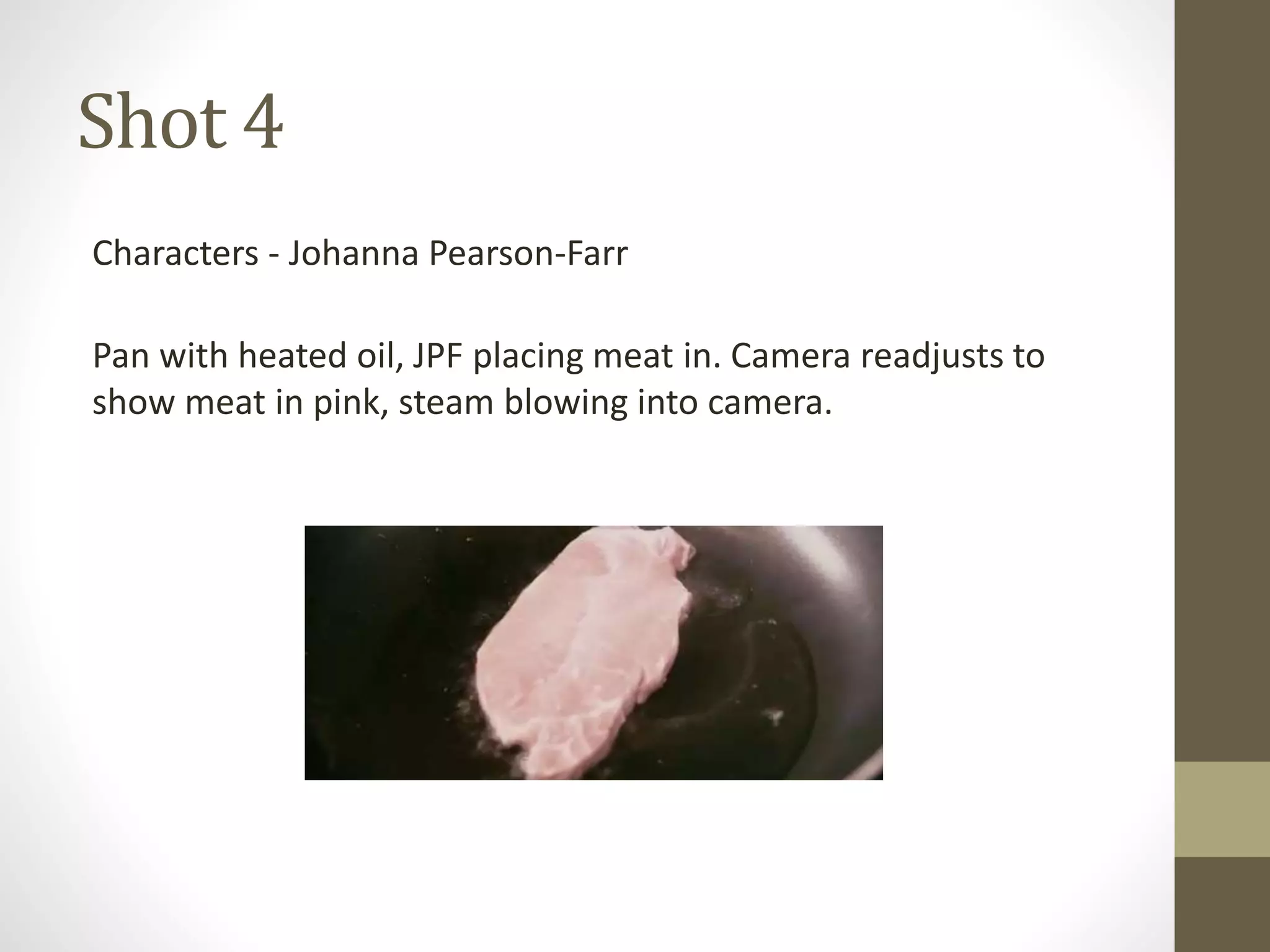 Shot 4
Characters - Johanna Pearson-Farr
Pan with heated oil, JPF placing meat in. Camera readjusts to
show meat in pink, steam blowing into camera.
 