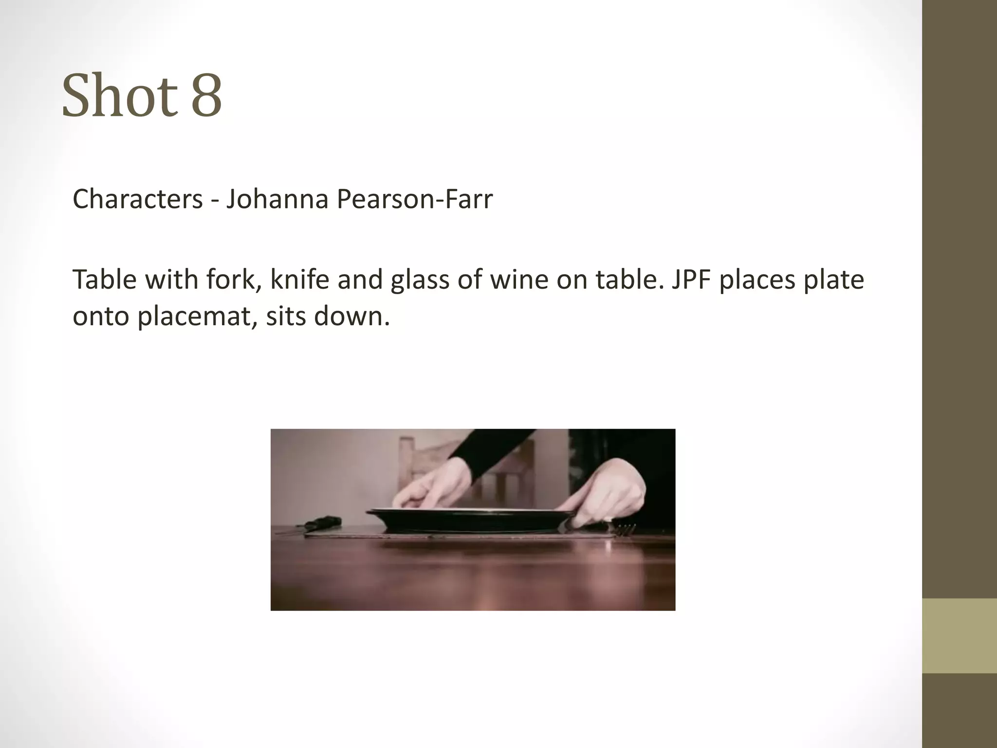Shot 8
Characters - Johanna Pearson-Farr
Table with fork, knife and glass of wine on table. JPF places plate
onto placemat, sits down.
 