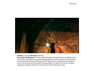 Duration: 1 second, Shot type: Long shot,
Connotations & Meaning: The main connotations given through the lyrics up until this point
in the video is that Lights are a positive thing, guiding you home, however, up until this point
we have seen the character walk away from the light, and then double back and change his
mind. In this shot we see the character spinning a light on a cable all around him, possibly
showing the confusion within him in the decision of which direction to take.
Shot No.10
 