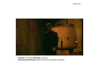 Duration: 0.5 seconds, Shot type: Long shot,
Connotations & Meaning: Shows the character shrouded in darkness.
Shot No.13
 