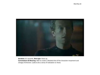 Duration: 0.5 seconds, Shot type: Close up ,
Connotations & Meaning: Able to create a detailed shot of the characters movement and
change of direction. Looks to be a sense of realisation or shock.
Shot No.14
 