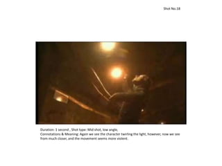 Duration: 1 second , Shot type: Mid shot, low angle,
Connotations & Meaning: Again we see the character twirling the light, however, now we see
from much closer, and the movement seems more violent.
Shot No.18
 