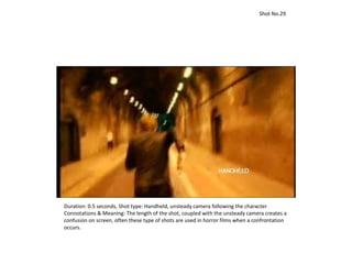 Duration: 0.5 seconds, Shot type: Handheld, unsteady camera following the character
Connotations & Meaning: The length of the shot, coupled with the unsteady camera creates a
confusion on screen, often these type of shots are used in horror films when a confrontation
occurs.
Shot No.29
 