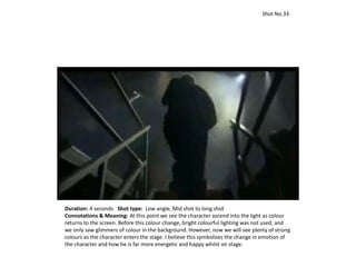 Duration: 4 seconds Shot type: Low angle, Mid shot to long shot
Connotations & Meaning: At this point we see the character ascend into the light as colour
returns to the screen. Before this colour change, bright colourful lighting was not used, and
we only saw glimmers of colour in the background. However, now we will see plenty of strong
colours as the character enters the stage. I believe this symbolises the change in emotion of
the character and how he is far more energetic and happy whilst on stage.
Shot No.33
 