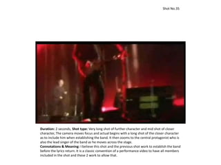 Duration: 2 seconds, Shot type: Very long shot of further character and mid shot of closer
character, The camera moves focus and actual begins with a long shot of the closer character
as to include him when establishing the band. It then zooms to the central protagonist who is
also the lead singer of the band as he moves across the stage.
Connotations & Meaning: I believe this shot and the previous shot work to establish the band
before the lyrics return. It is a classic convention of a performance video to have all members
included in the shot and these 2 work to allow that.
Shot No.35
 