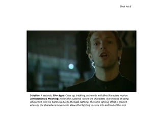 Duration: 4 seconds, Shot type: Close up, tracking backwards with the characters motion.
Connotations & Meaning: Allows the audience to see the characters face instead of being
silhouetted into the darkness due to the back lighting. The same lighting effect is created
whereby the characters movements allows the lighting to come into and out of the shot
Shot No.4
 