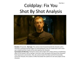 Coldplay: Fix You
Shot By Shot Analysis
Duration: 39 seconds , Shot type: The camera tracks forward towards the character until a
mid-shot is achieved and then begins to track backwards at the at a slower pace until a close
up is created and then travels at the same speed as the character.
Connotations & Meaning: Having the camera still to begin with creates almost an establishing
effect of the location, then as we get a mid-shot / close up we get a full view of the characters
facial expressions and emotion. Also, the camera travels from back and forth horizontally
across the character, this creates an effect that allows the audience to see every aspect of the
character.
Shot No.1
 