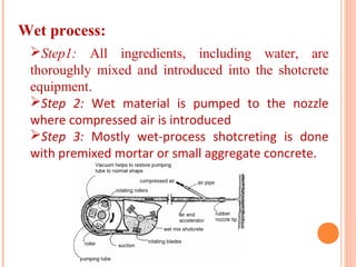 Wet process:
Step1: All ingredients, including water, are
thoroughly mixed and introduced into the shotcrete
equipment.
Step 2: Wet material is pumped to the nozzle
where compressed air is introduced
Step 3: Mostly wet-process shotcreting is done
with premixed mortar or small aggregate concrete.
 