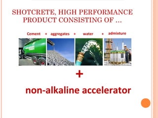 +
SHOTCRETE, HIGH PERFORMANCE
PRODUCT CONSISTING OF …
aggregates waterCement admixture
non-alkaline accelerator
+ + +
 