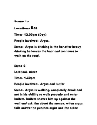 Scene 1:-
Location:- Bar
Time:- 12.00pm (Day)
People involved:- Argus.
Scene:- Argus is drinking is the bar.after heavy
drinking he leaves the baar and continues to
walk on the road.
Scene 2
Location:- street
Time:- 1.30pm
People involved:- Argus and lucifer
Scene:- Argus is walking, completely drunk and
not in his ablility to walk properly and enter
lucifers. lucifers shoves him up agaimst the
wall and ask him about the money. when argus
fails answer he punches argus and the scene
 