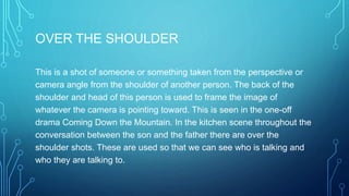 OVER THE SHOULDER
This is a shot of someone or something taken from the perspective or
camera angle from the shoulder of another person. The back of the
shoulder and head of this person is used to frame the image of
whatever the camera is pointing toward. This is seen in the one-off
drama Coming Down the Mountain. In the kitchen scene throughout the
conversation between the son and the father there are over the
shoulder shots. These are used so that we can see who is talking and
who they are talking to.
 