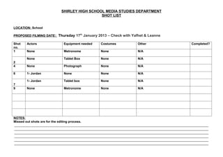 SHIRLEY HIGH SCHOOL MEDIA STUDIES DEPARTMENT
                                             SHOT LIST


LOCATION: School

PROPOSED FILMING DATE : Thursday 17th January 2013 – Check with Yafhet & Leanne

Shot   Actors               Equipment needed     Costumes             Other                         Completed?
no.
1      None                 Metronome            None                 N/A

       None                 Tablet Box           None                 N/A
2
4      None                 Photograph           None                 N/A

6      1- Jordan            None                 None                 N/A

       1- Jordan            Tablet box           None                 N/A
7
9      None                 Metronome            None                 N/A




NOTES:
Missed out shots are for the editing process.
______________________________________________________________________________________________________________
______________________________________________________________________________________________________________
______________________________________________________________________________________________________________
______________________________________________________________________________________________________________
______________________________________________________________________________________________________________
______________________________________________________________________________________________________________
 