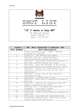Shot List

SHOT LIST
“If I were a boy MV”
By Thea de Chavez
Draft “Draft 1”
Date: “27/10/13”

Scene 1 – INT. Main Character’s bedroom- DAY
Shot Number
Shot Description
1
2
3
4
5
6
7
8
9
10
11
12
13
14
15

Production’s Name Here

Close up/panning shot – frame – younger
picture of character
Close up – arm reaching for phone
Extreme close up – showing phone’s
screen/character holding the phone
Mid shot – character’s back while seating on
the bed, walking towards the closet
Mid shot – Over the shoulder of the artist
reaching/picking out clothes from the closet
Mid Shot – Mirror shot from behind of the
character (leaving out half of the face –
mysterious)
Mid shot – Front view of the character
checking the top
Long shot – walking back to bed
Mid shot – Back view of character sitting on
the bed
Mid shot – showing the characters legs and
shoes – putting on the shoes
Panning shot - following the characters
movement – from head to shoes
Close up – tying shoe laces
Long shot – back of the character walking out
the room
Close up – Door knob and character’s arm
Long shot/tracking shot – back view of the
artist going down the stairs

 