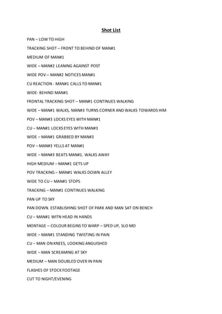 Shot List
PAN – LOW TO HIGH
TRACKING SHOT – FRONT TO BEHIND OF MAN#1
MEDIUM OF MAN#1
WIDE – MAN#2 LEANING AGAINST POST
WIDE POV – MAN#2 NOTICES MAN#1
CU REACTION - MAN#1 CALLS TO MAN#1
WIDE- BEHIND MAN#1
FRONTAL TRACKING SHOT – MAN#1 CONTINUES WALKING
WIDE – MAN#1 WALKS, MAN#3 TURNS CORNER AND WALKS TOWARDS HIM
POV – MAN#3 LOCKS EYES WITH MAN#1
CU – MAN#1 LOCKS EYES WITH MAN#3
WIDE – MAN#1 GRABBED BY MAN#3
POV – MAN#3 YELLS AT MAN#1
WIDE – MAN#3 BEATS MAN#1. WALKS AWAY
HIGH MEDIUM – MAN#1 GETS UP
POV TRACKING – MAN#1 WALKS DOWN ALLEY
WIDE TO CU – MAN#1 STOPS
TRACKING – MAN#1 CONTINUES WALKING
PAN UP TO SKY
PAN DOWN. ESTABLISHING SHOT OF PARK AND MAN SAT ON BENCH
CU – MAN#1 WITN HEAD IN HANDS
MONTAGE – COLOUR BEGINS TO WARP – SPED UP, SLO MO
WIDE – MAN#1 STANDING TWISTING IN PAIN
CU – MAN ON KNEES, LOOKING ANGUISHED
WIDE – MAN SCREAMING AT SKY
MEDIUM – MAN DOUBLED OVER IN PAIN
FLASHES OF STOCK FOOTAGE
CUT TO NIGHT/EVENING
 