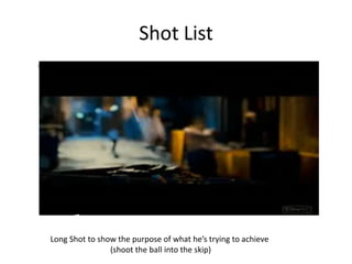Shot List




Long Shot to show the purpose of what he’s trying to achieve
                (shoot the ball into the skip)
 