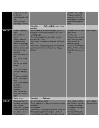 Andyou askedme
to stay over
I said,I alreadytold
you
I thinkthat you
shouldgetsome res
-extreme close-upon
the guy’seyesas he
closesthemandthe
camera movestowards
the floorthroughpan
shot
Transition-----------fadesoutfadesinon a new
location.
0.51-1:41 I knewI lovedyou
then
But you'dnever
know
'Cause I playedit
cool whenI was
scaredof lettinggo
I knewI neededyou
But I nevershowed
But I wannastay
withyou
Until we're greyand
old
Justsay youwon't
letgo
Justsay youwon't
letgo
I wake youup with
some breakfastin
bed
I'll bringyou coffee
Witha kissonyour
head
AndI'll take the kids
to school
Wave them
goodbye
AndI'll thank my
luckystars forthat
night
-Asthe scene shiftsintofocusagain, A pair of
handsare shownintertwinedwiththe same -
weddingrings.
-The male protagonistcaress’s the female
protagonist’s cheek
-The female’s protagonistlaughing,stopsmid-
way
-The female protagonistgetherhandfree and
runs towardsan ice-creamstall andthe guy
follows.
-Extreme close upona
setof hands
intertwined.
-Extreme close upona
setof lips,theneyes.
-Side shotof the
female laughing.
-Full shotfromthe back
of twoof themrunning
towardsthe ice-cream
truck.
Natural lights.
Guitar strum. Transition---------fadesout
1:43-2:03 Whenyoulooked
overyour shoulder
For a minute,I
forgetthat I'm older
I wannadance with
youright now,oh
Andyou lookas
-the guylookingoutside
-There isa puddle of wateronwhichrain drops
are falling.
-Sky isshown
-ona blanketaFemale protagonistissitting and
the male protagonistislaying.The girl turns
aroundand smilesandthensayingsomething.
-Side-midshotof the
guy sittingonthe chair,
-Close upof the face
-Followsthe eye sight
on the guy
-Forcesonthe puddle
-Cameratiltsupwards.
-Videolights
-Natural lights
 