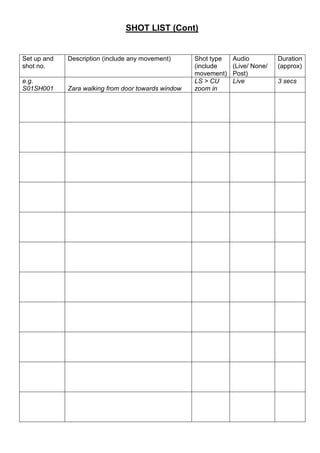 Shot list template | DOCX