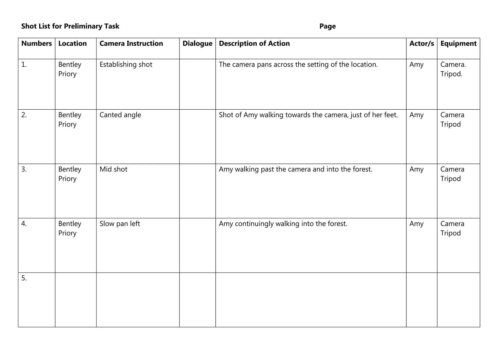 Shotlist template DOCX
