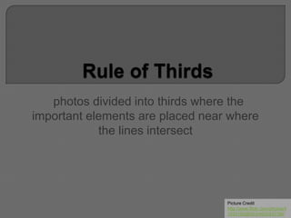 photos divided into thirds where the
important elements are placed near where
the lines intersect
Picture Credit
http://www.flickr.com/photos/4
1029160@N03/4620433766/
 
