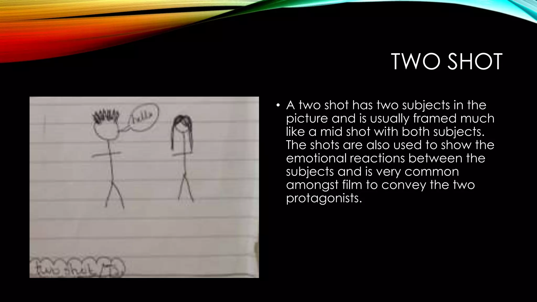 TWO SHOT 
• A two shot has two subjects in the 
picture and is usually framed much 
like a mid shot with both subjects. 
The shots are also used to show the 
emotional reactions between the 
subjects and is very common 
amongst film to convey the two 
protagonists. 
 