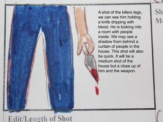 A shot of the killers legs, we can see him holding a knife dripping with blood. He is looking into a room with people inside. We may see a shadow from behind a curtain of people in the house. This shot will also be quick, It will be a medium shot of the house but a close up of him and the weapon.