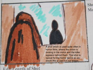 A shot which is used quite often in horror films, where the victim is looking in the mirror and the killer appears behind them. This shot is typical for the horror genre so we would like to use it in our teaser.