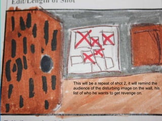 This will be a repeat of shot 2, it will remind the audience of the disturbing image on the wall, his list of who he wants to get revenge on.