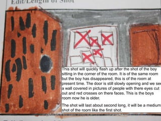 This shot will quickly flash up after the shot of the boy sitting in the corner of the room. It is of the same room but the boy has disappeared, this is of the room at present time. The door is still slowly opening and we see a wall covered in pictures of people with there eyes cut out and red crosses on there faces. This is the boys room now he is older. The shot will last about second long, it will be a medium shot of the room like the first shot.