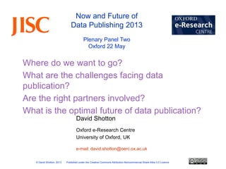 Oxford e-Research Centre
University of Oxford, UK
Now and Future of
Data Publishing 2013
Plenary Panel Two
Oxford 22 May
Where do we want to go?
What are the challenges facing data
publication?
Are the right partners involved?
What is the optimal future of data publication?
© David Shotton, 2013 Published under the Creative Commons Attribution-Noncommercial-Share Alike 3.0 Licence
e-mail: david.shotton@oerc.ox.ac.uk
David Shotton
 