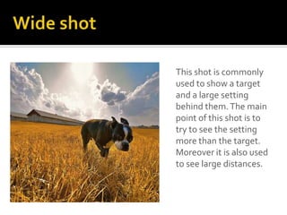 This shot is commonly
used to show a target
and a large setting
behind them. The main
point of this shot is to
try to see the setting
more than the target.
Moreover it is also used
to see large distances.
 