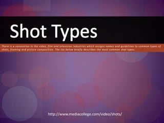 There is a convention in the video, film and television industries which assigns names and guidelines to common types of shots, framing and picture composition. The list below briefly describes the most common shot types. Shot Types http://www.mediacollege.com/video/shots/ 