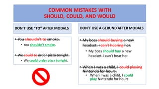 COMMON MISTAKES WITH
SHOULD, COULD, AND WOULD
DON’T USE “TO” AFTER MODALS
• You shouldn’t to smoke.
• You shouldn’t smoke.
• We could to order pizza tonight.
• We could order pizza tonight.
DON’T USE A GERUND AFTER MODALS
• My boss should buying a new
headset. I can't hearing her.
• My boss should buy a new
headset. I can't hear her.
• When I was a child, I could playing
Nintendo for hours.
• When I was a child, I could
play Nintendo for hours.
 