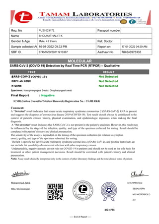 MOLECULAR
BIOLOGY
TEST RESULT
Reg. No PU21033172 Passport number
Name SHOUKATHALI T K
Gender & Age Male, 41 Years Ref. Doctor
Sample collected At 16-01-2022 09:33 PM Report on 17-01-2022 04:39 AM
SRF ID 3745/KZD/20211213367 Aadhaar No 784643976335
SARS-CoV-2 (COVID 19) Detection by Real Time PCR (RTPCR) – Qualitative
S
# ARS-COV-2 (COVID 19) Not Detected
ORF1 ab GENE Not Detected
N GENE Not Detected
Specimen: Nasopharyngeal Swab / Oropharyngeal swab
Final Report : Negative
ICMR (Indian Council of Medical Research) Registration No. : TAMLRKK
Comment:
A "Detected" result indicates that severe acute respiratory syndrome coronavirus 2 (SARS-CoV-2) RNA is present
and suggests the diagnosis of coronavirus disease 2019 (COVID-19). Test result should always be considered in the
context of patient's clinical history, physical examination, and epidemiologic exposures when making the final
diagnosis.
A "Not detected" result indicates that SARS-CoV-2 is not present in the patient's specimen. However, this result may
be influenced by the stage of the infection, quality, and type of the specimen collected for testing. Result should be
correlated with patient’s history and clinical presentation.
The sensitivity of the assay is dependent on the timing of the specimen collection (in relation to symptom
onset), quality, and type of the specimen submitted for testing.
The test is specific for severe acute respiratory syndrome coronavirus 2 (SARS-CoV-2), and positive test results do
not exclude the possibility of concurrent infection with other respiratory viruses.
Undetected (ie, negative) results do not rule out COVID-19 in patients and should not be used as the sole basis for
treatment or other patient management decisions. Result should be correlated with patient's history and clinical
presentation.
Note: Assay result should be interpreted only in the context of other laboratory findings and the total clinical status of patient.
Mohammed Ashik
MSc, Microbiologist
MC-4755
Dr.CHINNU LIZ
SEBASTIAN
MD,MICROBIOLO
GY
----- End of Report -----
 