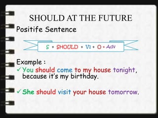 SHOULD AT THE FUTURE
Positife Sentence
Example :
You should come to my house tonight,
because it’s my birthday.
She should visit your house tomorrow.
S + SHOULD + V1 + O + Adv
 