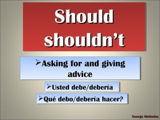 ShouldShould
shouldn’tshouldn’t
ShouldShould
shouldn’tshouldn’t
Asking for and giving
advice
Asking for and giving
advice
Usted debe/deberíaUsted debe/debería
George MeléndezGeorge Meléndez
Qué debo/debería hacer?Qué debo/debería hacer?
 