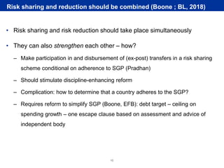 Rubric
www.ecb.europa.eu ©
• Risk sharing and risk reduction should take place simultaneously
• They can also strengthen each other – how?
– Make participation in and disbursement of (ex-post) transfers in a risk sharing
scheme conditional on adherence to SGP (Pradhan)
– Should stimulate discipline-enhancing reform
– Complication: how to determine that a country adheres to the SGP?
– Requires reform to simplify SGP (Boone, EFB): debt target – ceiling on
spending growth – one escape clause based on assessment and advice of
independent body
Risk sharing and reduction should be combined (Boone ; BL, 2018)
10
 