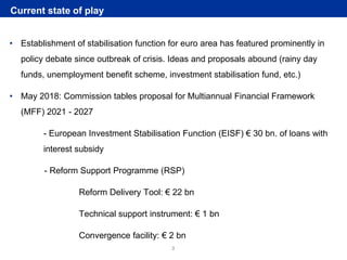 Rubric
www.ecb.europa.eu ©
• Establishment of stabilisation function for euro area has featured prominently in
policy debate since outbreak of crisis. Ideas and proposals abound (rainy day
funds, unemployment benefit scheme, investment stabilisation fund, etc.)
• May 2018: Commission tables proposal for Multiannual Financial Framework
(MFF) 2021 - 2027
- European Investment Stabilisation Function (EISF) € 30 bn. of loans with
interest subsidy
- Reform Support Programme (RSP)
Reform Delivery Tool: € 22 bn
Technical support instrument: € 1 bn
Convergence facility: € 2 bn
Current state of play
3
 
